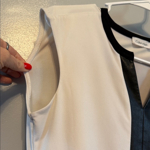 Calvin Klein Faux Black Leather V Neck Beige Blouse - Picture 7 of 12